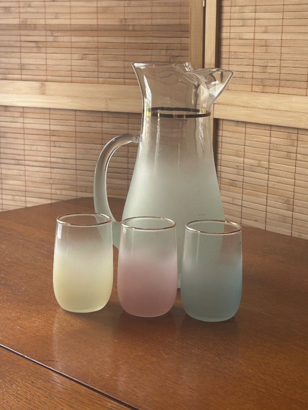 Vintage Blendo glass pitcher and cup set